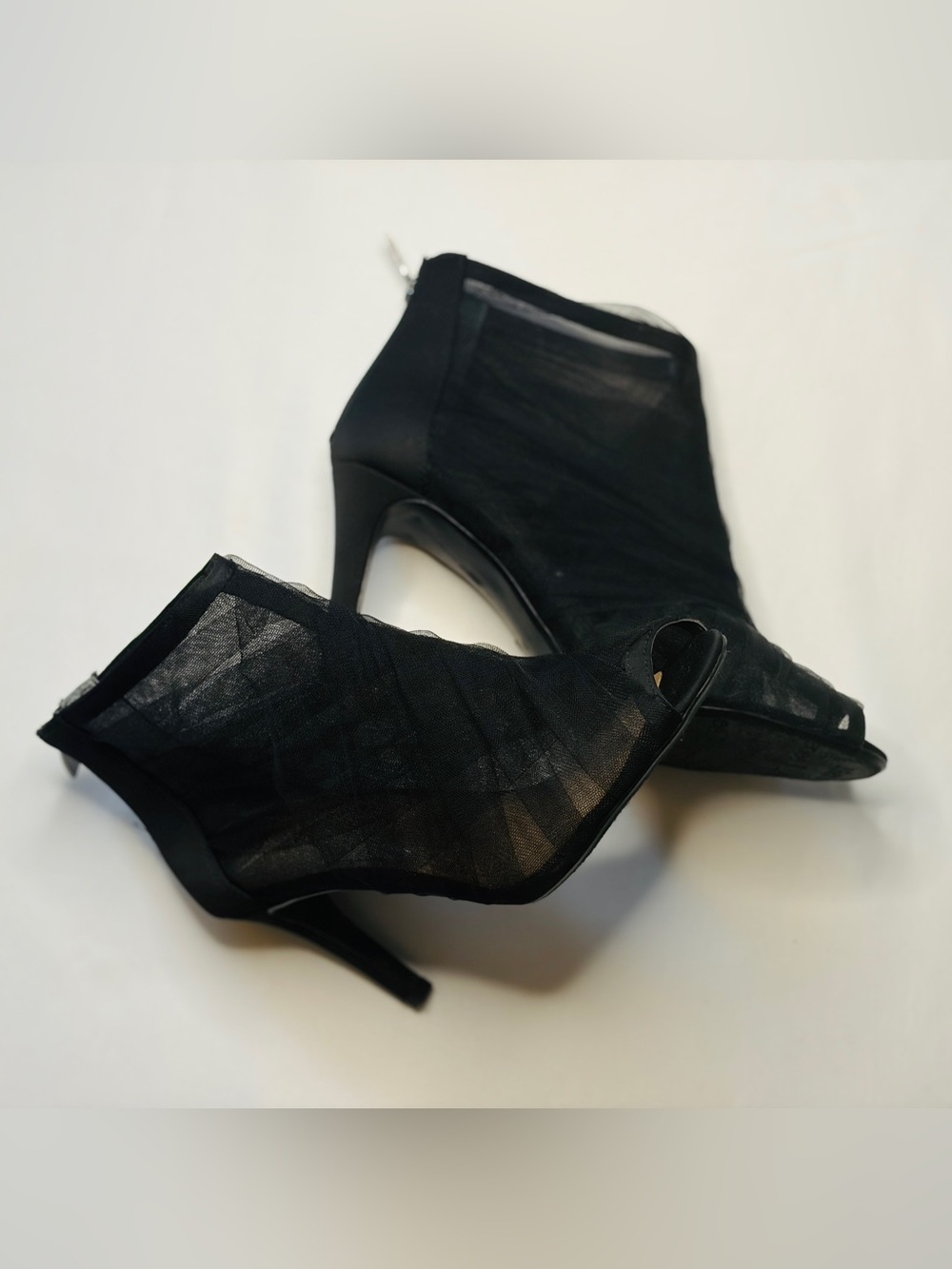 J.Renee Black Draped Mesh Peep Toe Booties 7
